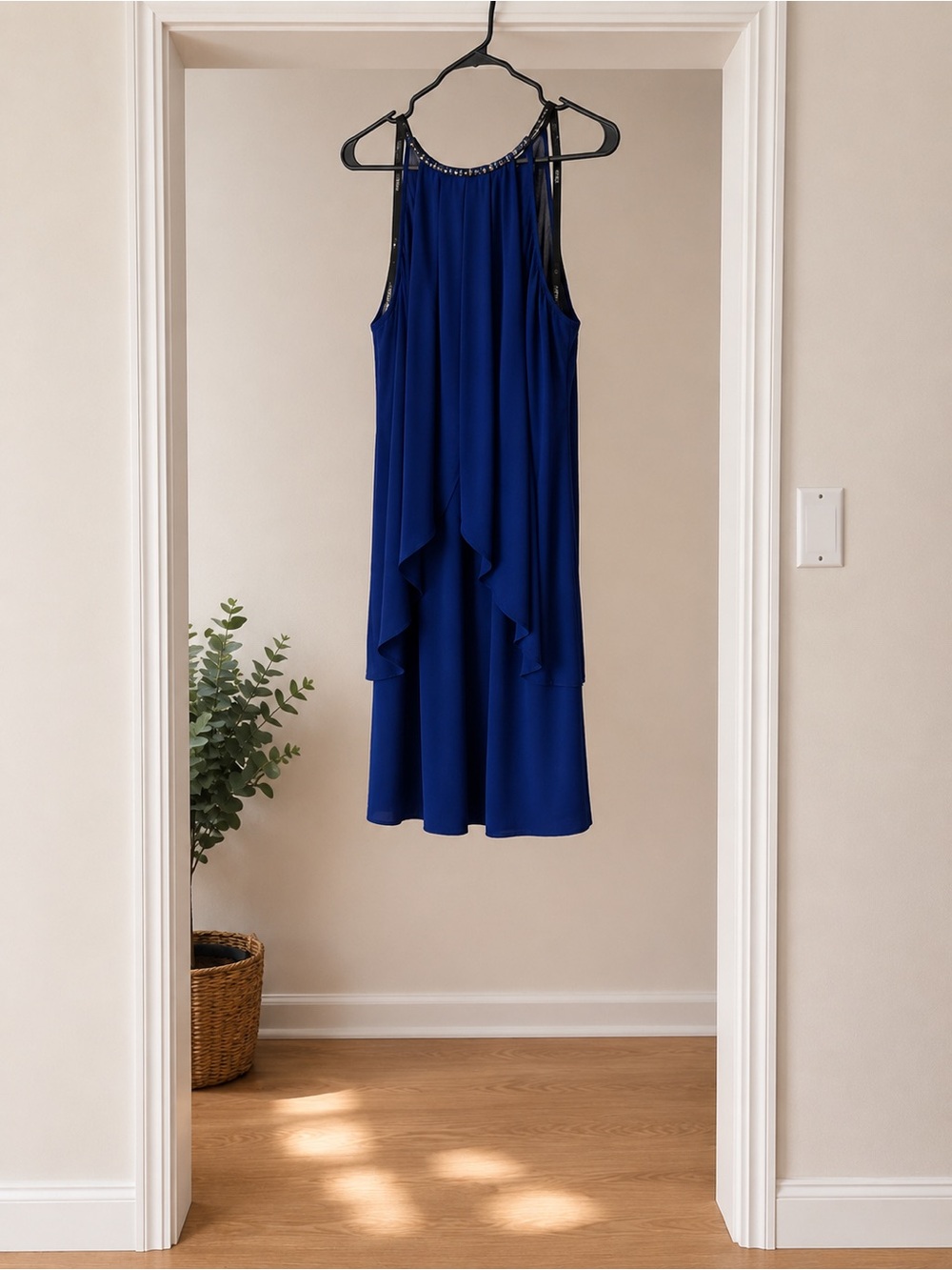 Jessica Royal Blue Sleeveless Midi Dress with Beaded Neckline